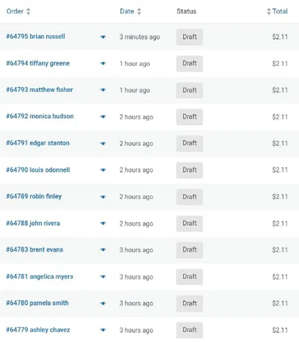 WooCommerce admin showing dozens of draft orders created by automated checkout bots